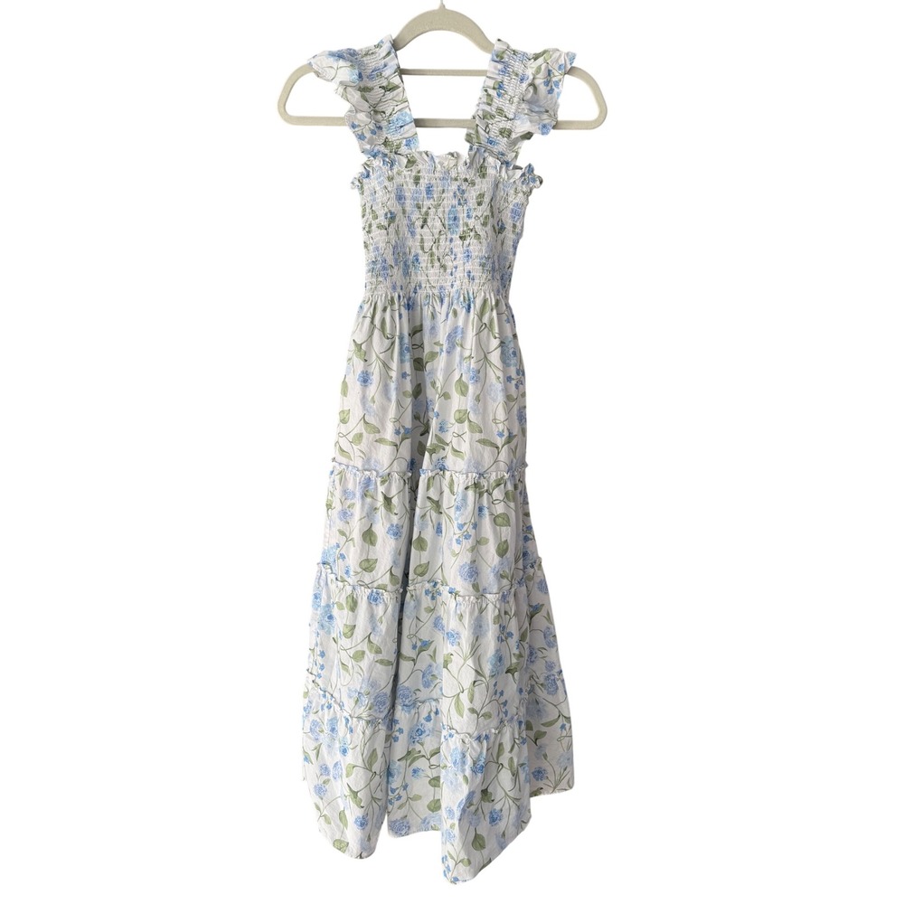 Hill House Home Ellie Nap Dress Blue Green Peony Bouquet Smocked Tiered XXXS - Picture 5 of 10